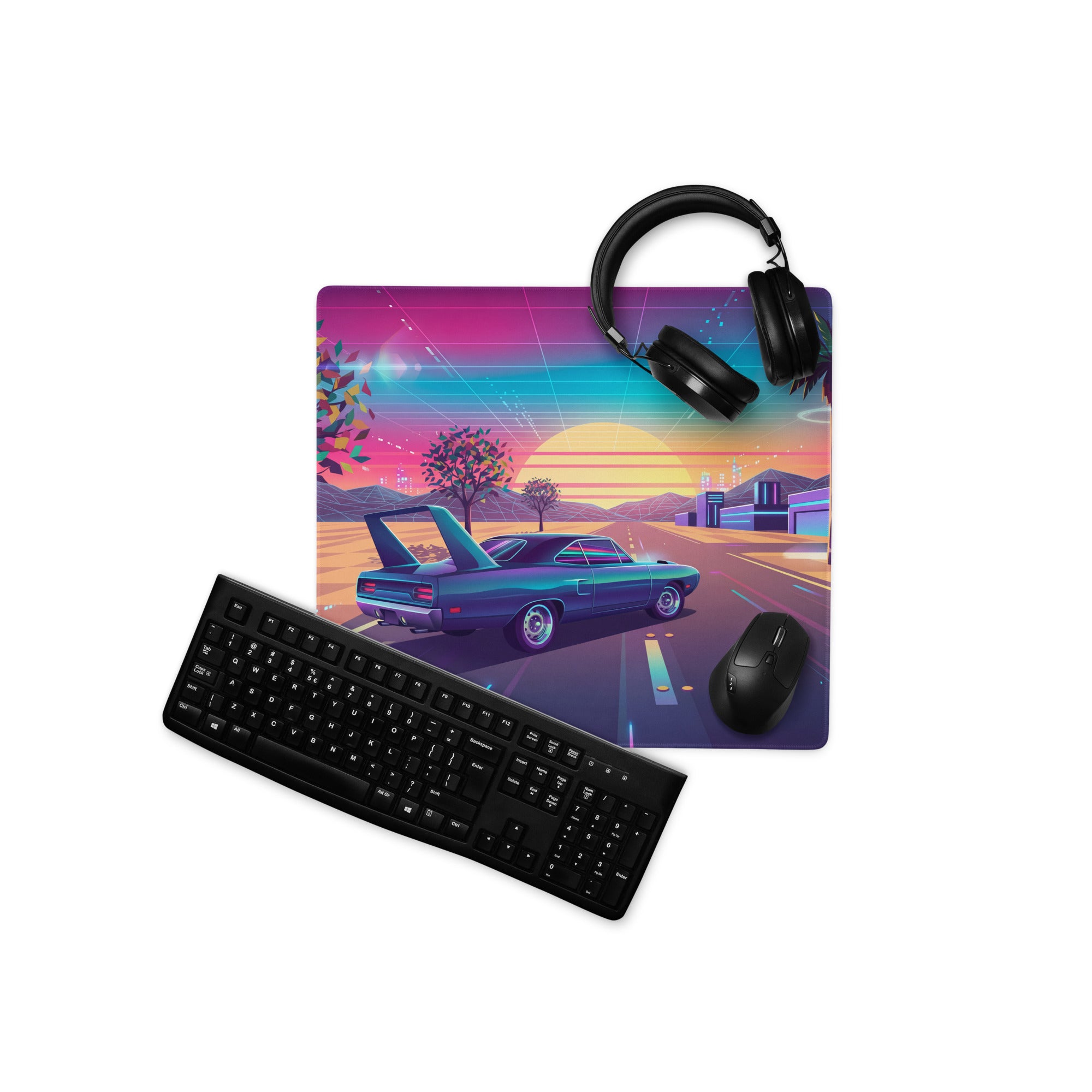 Plymouth Superbird Inspired Teal Pink Vaporwave Gaming Mouse Pad, Classic Winged Muscle Car Desk Mat with Neon Retro Futuristic Sunset Artwork