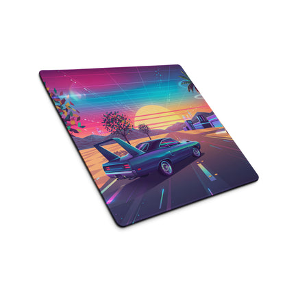 Plymouth Superbird Inspired Teal Pink Vaporwave Gaming Mouse Pad, Classic Winged Muscle Car Desk Mat with Neon Retro Futuristic Sunset Artwork