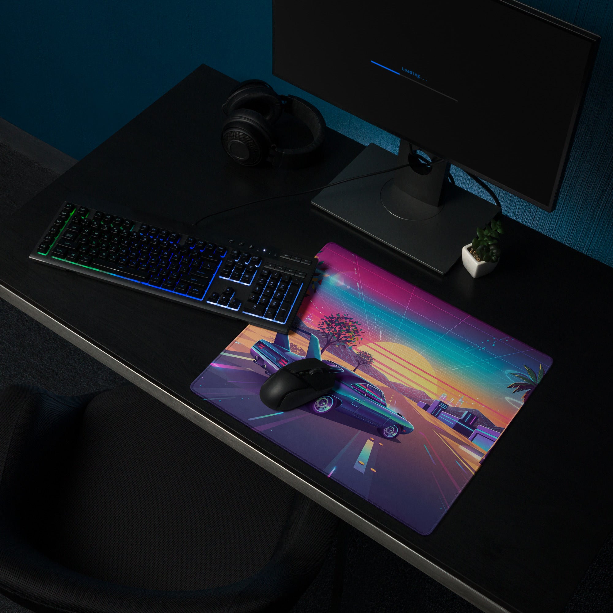 Plymouth Superbird Inspired Teal Pink Vaporwave Gaming Mouse Pad, Classic Winged Muscle Car Desk Mat with Neon Retro Futuristic Sunset Artwork