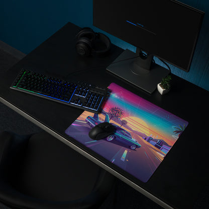 Plymouth Superbird Inspired Teal Pink Vaporwave Gaming Mouse Pad, Classic Winged Muscle Car Desk Mat with Neon Retro Futuristic Sunset Artwork