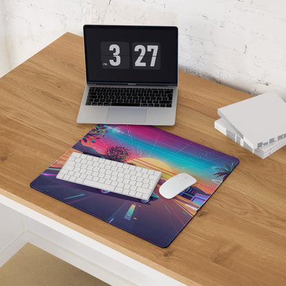 Plymouth Superbird Inspired Teal Pink Vaporwave Gaming Mouse Pad, Classic Winged Muscle Car Desk Mat with Neon Retro Futuristic Sunset Artwork