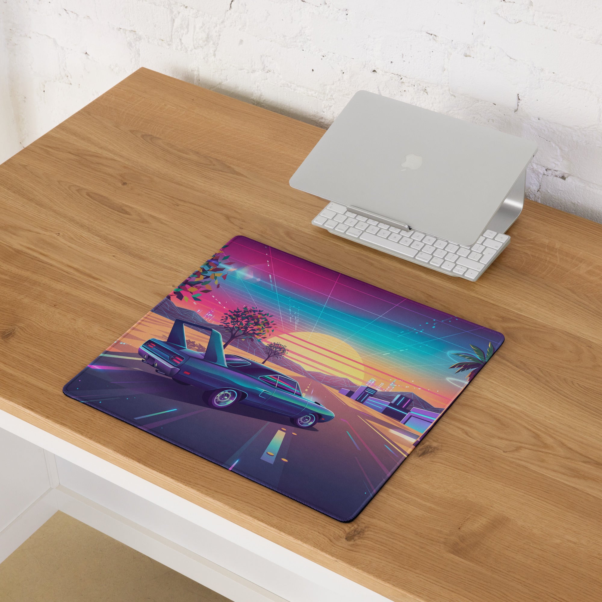 Plymouth Superbird Inspired Teal Pink Vaporwave Gaming Mouse Pad, Classic Winged Muscle Car Desk Mat with Neon Retro Futuristic Sunset Artwork