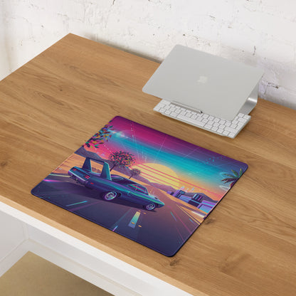 Plymouth Superbird Inspired Teal Pink Vaporwave Gaming Mouse Pad, Classic Winged Muscle Car Desk Mat with Neon Retro Futuristic Sunset Artwork