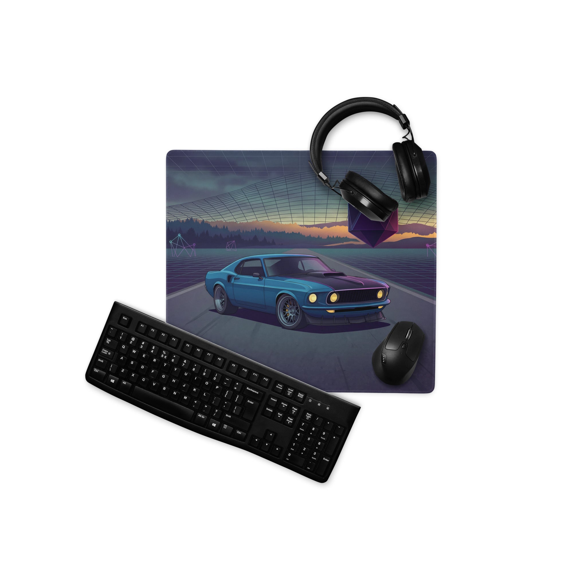 1969 Ford Mustang Fastback Inspired Blue Purple Vaporwave Gaming Mouse Pad, Classic Muscle Car Desk Mat with Neon Geometric Sunset Artwork