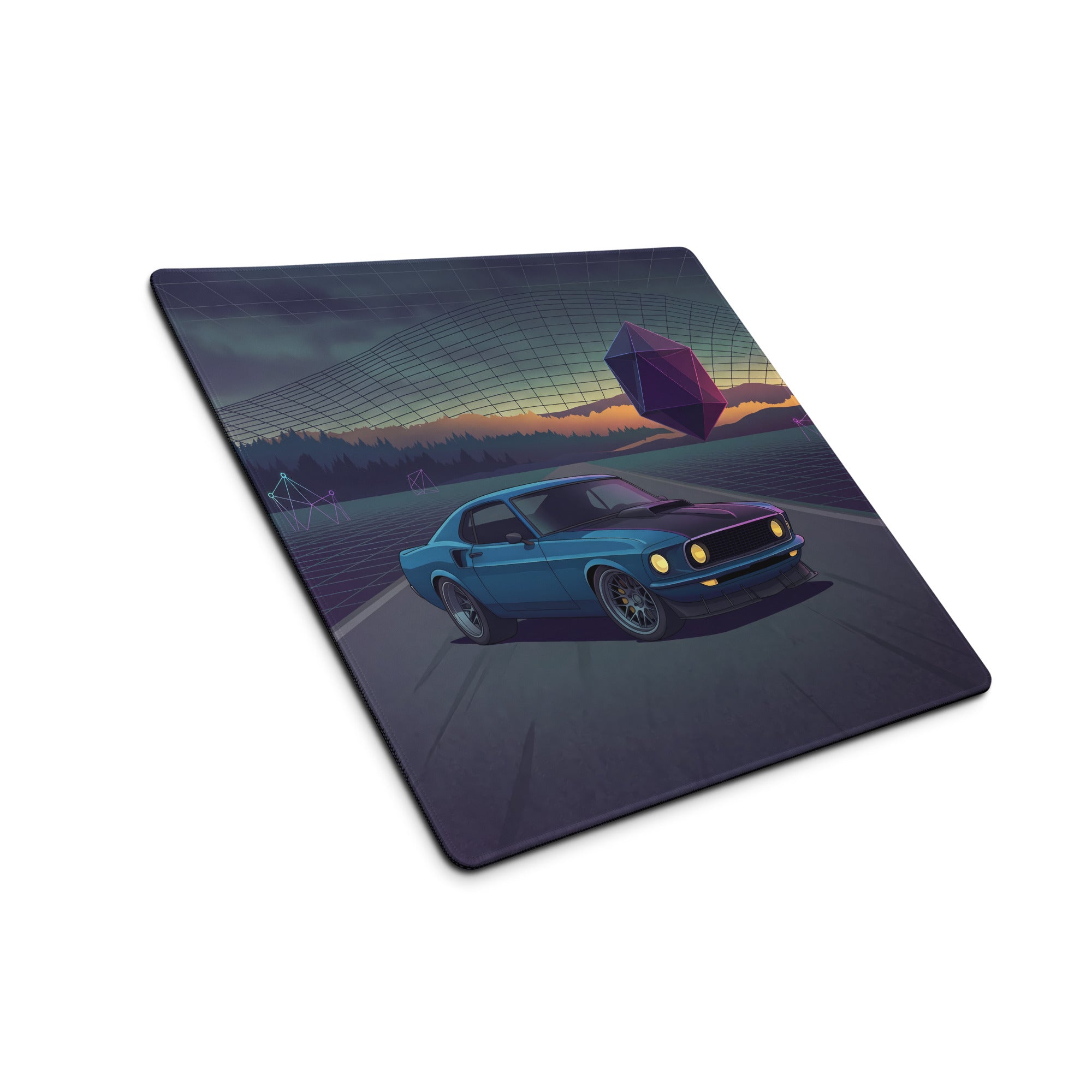 1969 Ford Mustang Fastback Inspired Blue Purple Vaporwave Gaming Mouse Pad, Classic Muscle Car Desk Mat with Neon Geometric Sunset Artwork