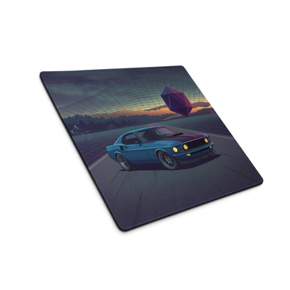 1969 Ford Mustang Fastback Inspired Blue Purple Vaporwave Gaming Mouse Pad, Classic Muscle Car Desk Mat with Neon Geometric Sunset Artwork