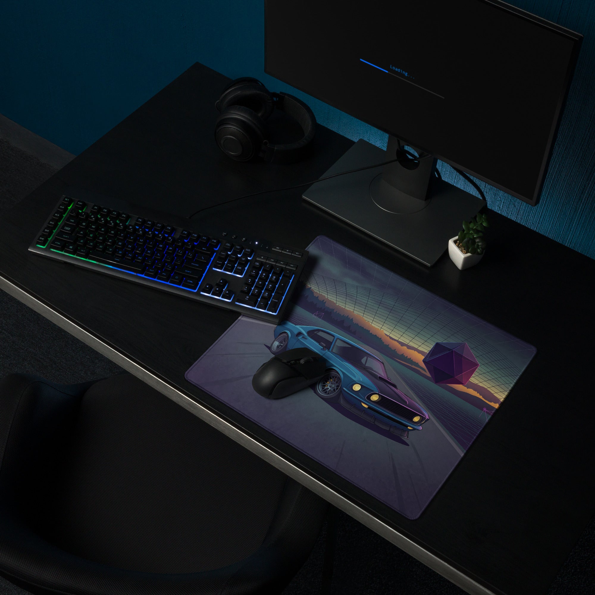 1969 Ford Mustang Fastback Inspired Blue Purple Vaporwave Gaming Mouse Pad, Classic Muscle Car Desk Mat with Neon Geometric Sunset Artwork