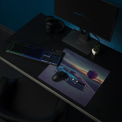 1969 Ford Mustang Fastback Inspired Blue Purple Vaporwave Gaming Mouse Pad, Classic Muscle Car Desk Mat with Neon Geometric Sunset Artwork