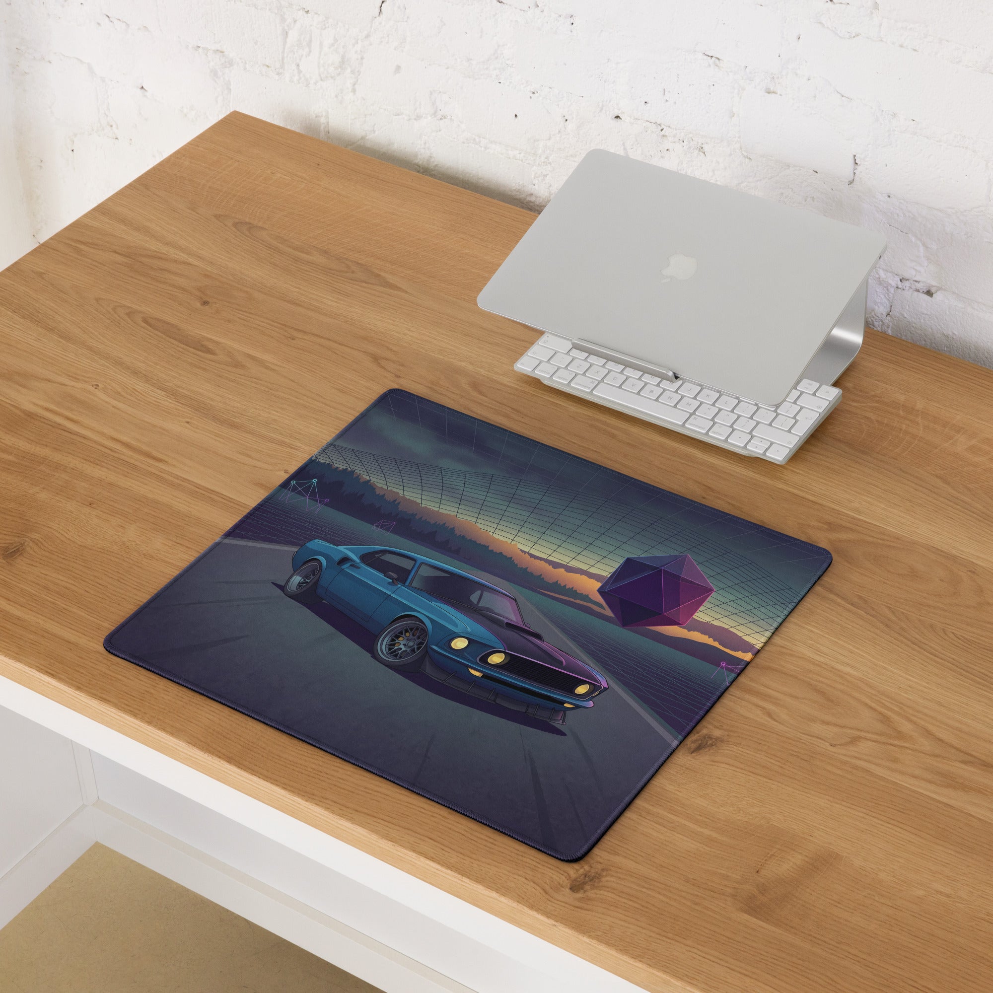 1969 Ford Mustang Fastback Inspired Blue Purple Vaporwave Gaming Mouse Pad, Classic Muscle Car Desk Mat with Neon Geometric Sunset Artwork