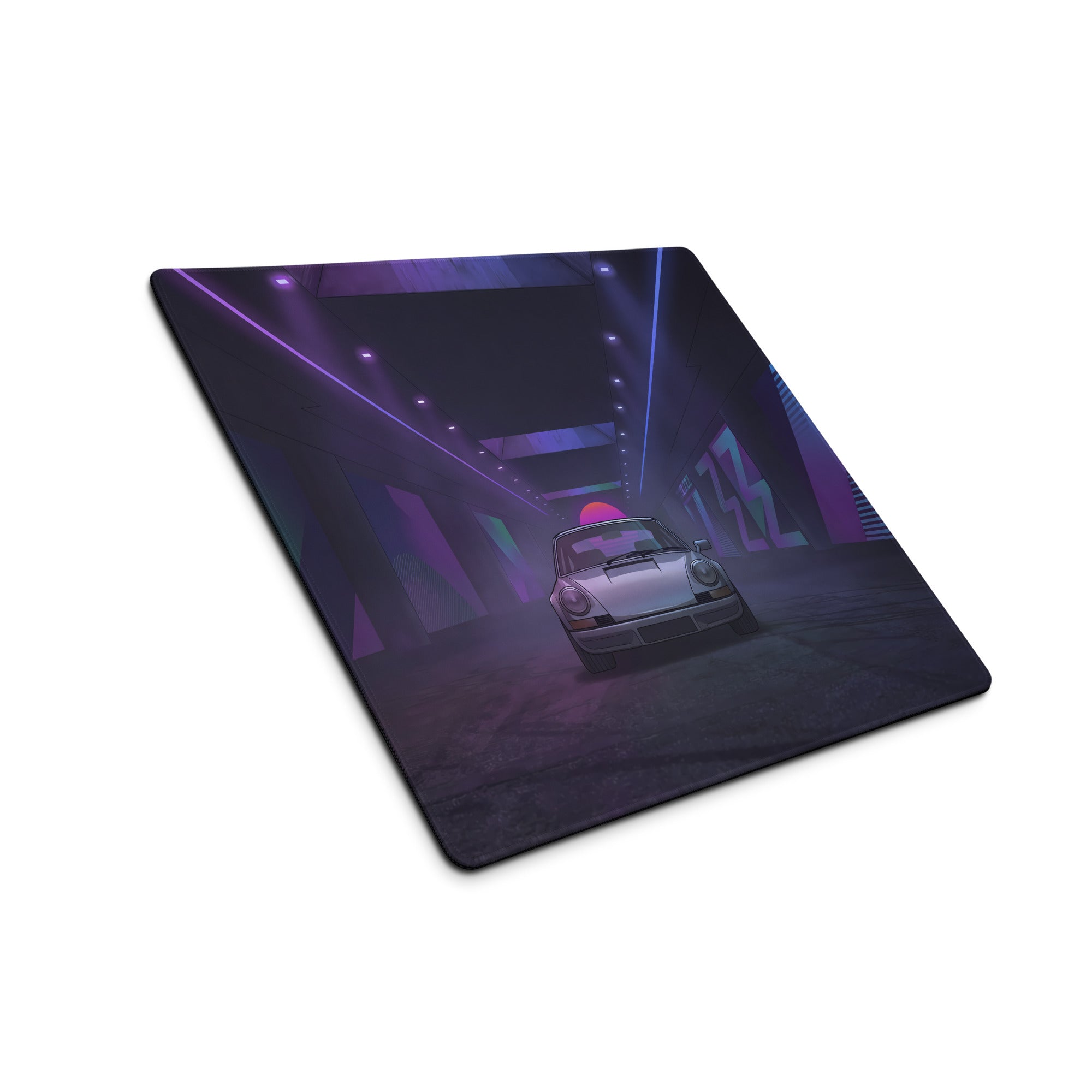 Porsche 911 Carrera 3.2 Inspired White Purple Vaporwave Gaming Mouse Pad, Classic Sports Car Desk Mat with Neon Cyberpunk Tunnel Artwork