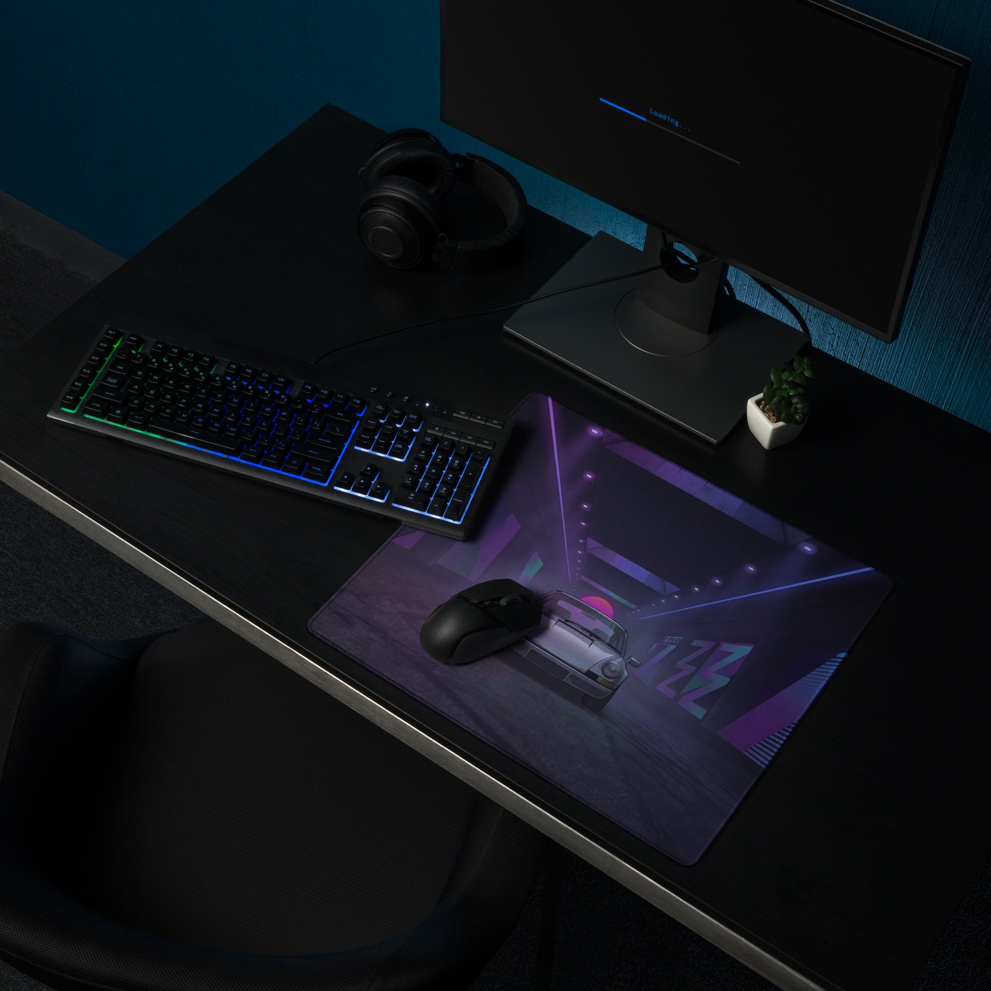 Porsche 911 Carrera 3.2 Inspired White Purple Vaporwave Gaming Mouse Pad, Classic Sports Car Desk Mat with Neon Cyberpunk Tunnel Artwork