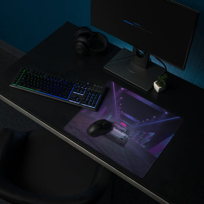 Porsche 911 Carrera 3.2 Inspired White Purple Vaporwave Gaming Mouse Pad, Classic Sports Car Desk Mat with Neon Cyberpunk Tunnel Artwork