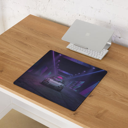 Porsche 911 Carrera 3.2 Inspired White Purple Vaporwave Gaming Mouse Pad, Classic Sports Car Desk Mat with Neon Cyberpunk Tunnel Artwork