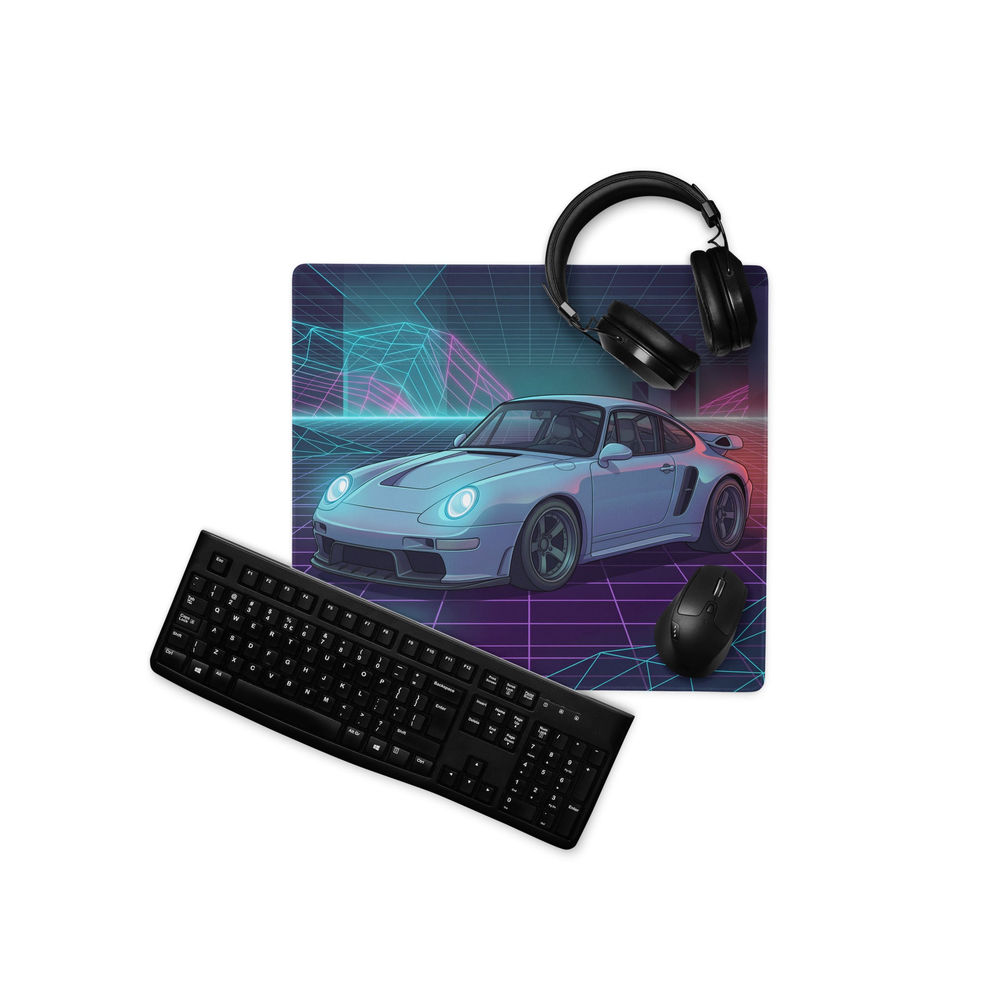 Porsche 959 Inspired Silver Teal Vaporwave Gaming Mouse Pad, Classic Supercar Desk Mat with Neon Grid Mountains and Retro Futuristic Artwork
