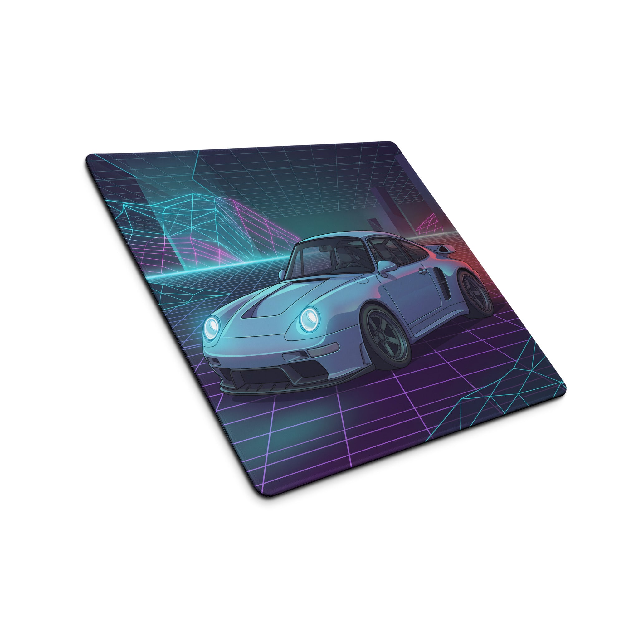 Porsche 959 Inspired Silver Teal Vaporwave Gaming Mouse Pad, Classic Supercar Desk Mat with Neon Grid Mountains and Retro Futuristic Artwork
