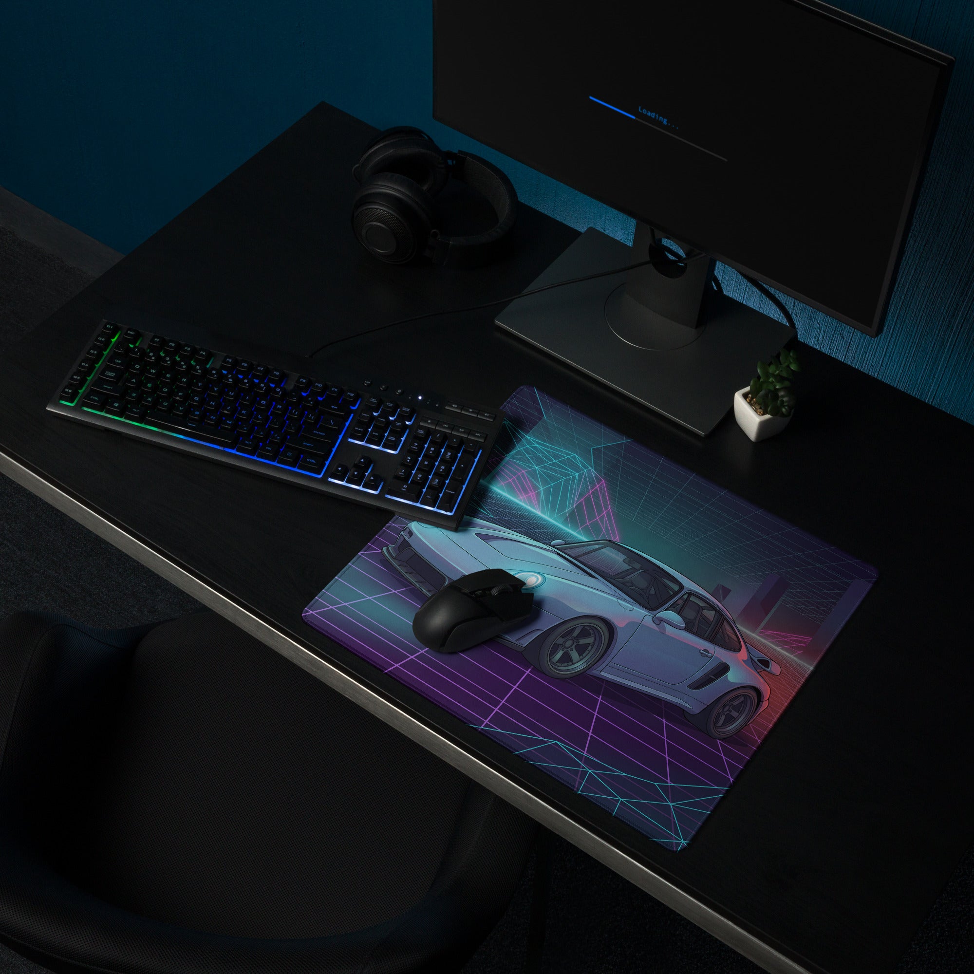 Porsche 959 Inspired Silver Teal Vaporwave Gaming Mouse Pad, Classic Supercar Desk Mat with Neon Grid Mountains and Retro Futuristic Artwork