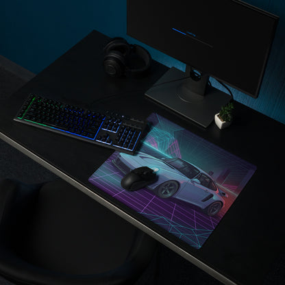 Porsche 959 Inspired Silver Teal Vaporwave Gaming Mouse Pad, Classic Supercar Desk Mat with Neon Grid Mountains and Retro Futuristic Artwork
