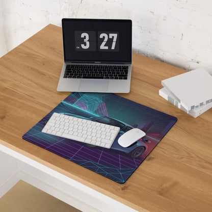 Porsche 959 Inspired Silver Teal Vaporwave Gaming Mouse Pad, Classic Supercar Desk Mat with Neon Grid Mountains and Retro Futuristic Artwork