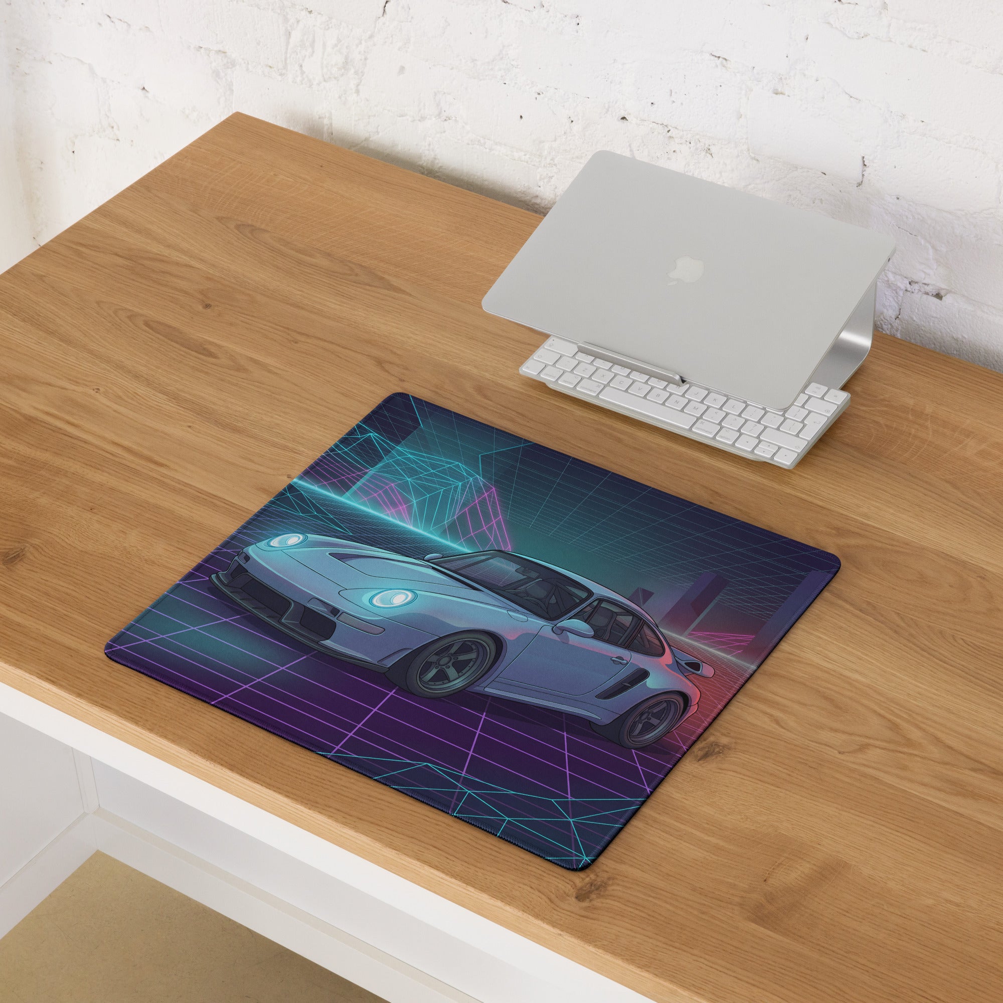 Porsche 959 Inspired Silver Teal Vaporwave Gaming Mouse Pad, Classic Supercar Desk Mat with Neon Grid Mountains and Retro Futuristic Artwork