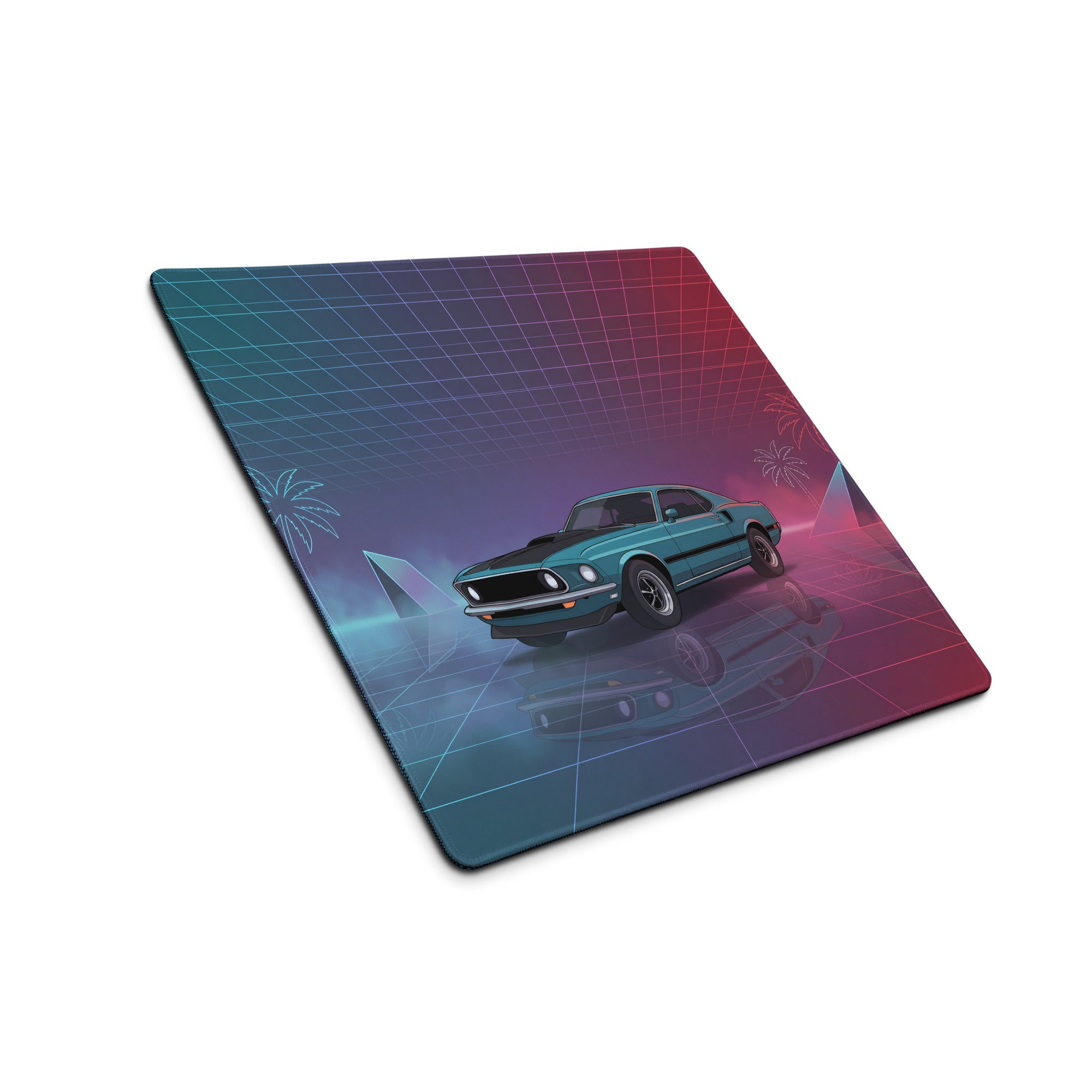 1971 Ford Mustang Mach 1 Inspired Teal Purple Vaporwave Gaming Mouse Pad, Classic Muscle Car Desk Mat with Neon Grid and Palm Tree Artwork
