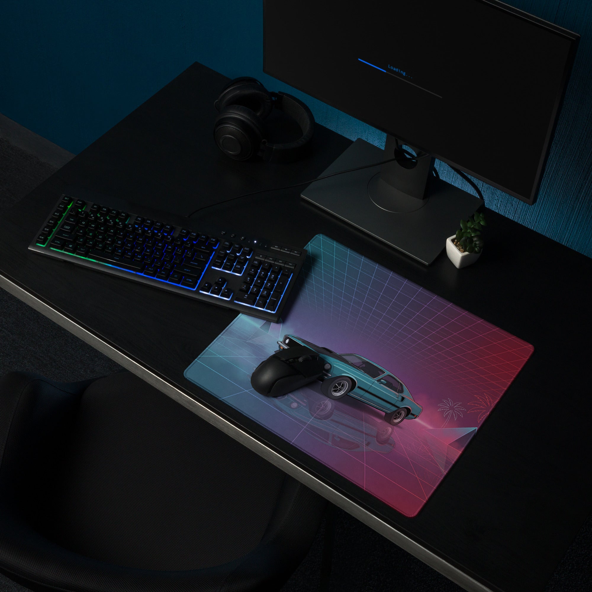 1971 Ford Mustang Mach 1 Inspired Teal Purple Vaporwave Gaming Mouse Pad, Classic Muscle Car Desk Mat with Neon Grid and Palm Tree Artwork