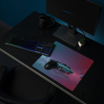 1971 Ford Mustang Mach 1 Inspired Teal Purple Vaporwave Gaming Mouse Pad, Classic Muscle Car Desk Mat with Neon Grid and Palm Tree Artwork
