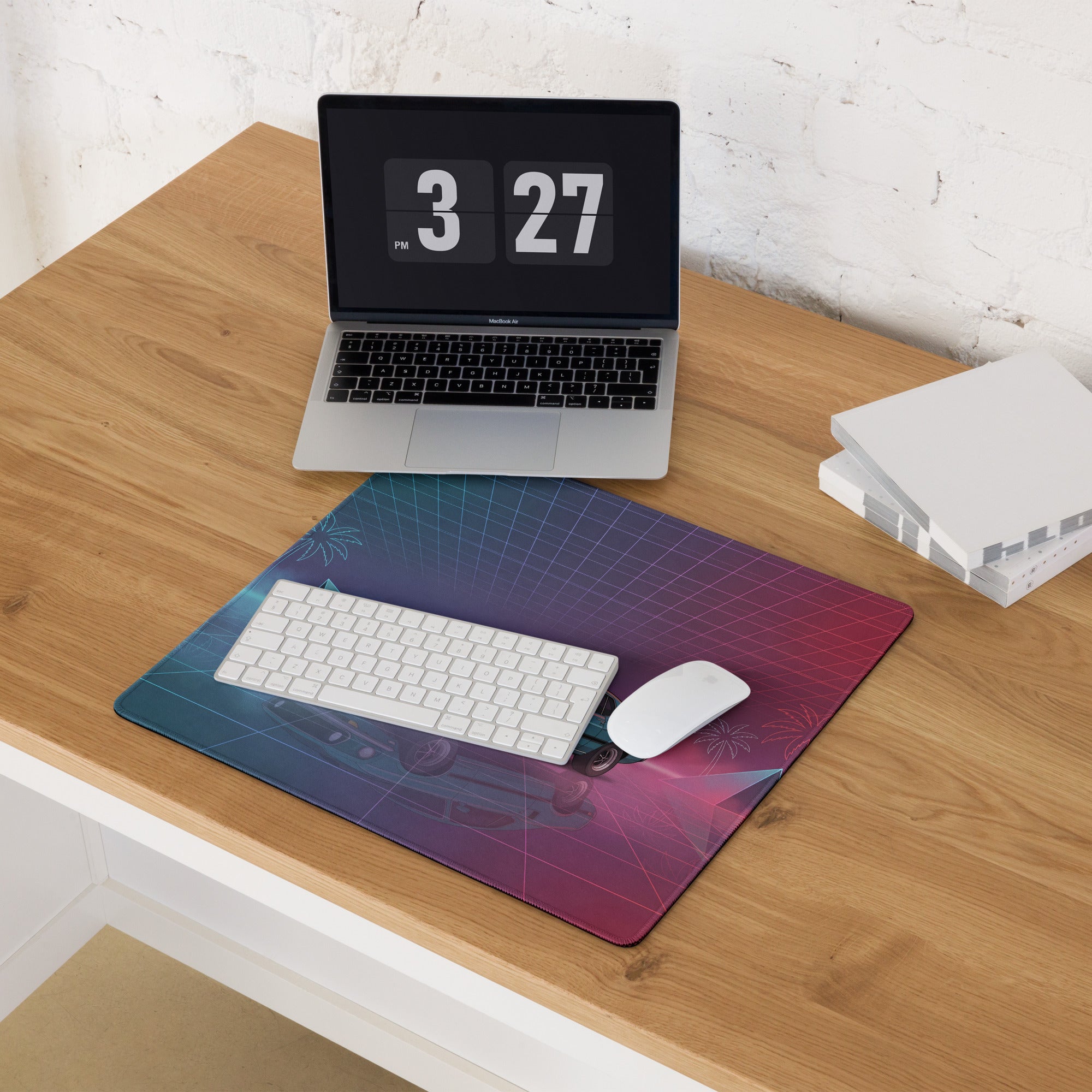 1971 Ford Mustang Mach 1 Inspired Teal Purple Vaporwave Gaming Mouse Pad, Classic Muscle Car Desk Mat with Neon Grid and Palm Tree Artwork