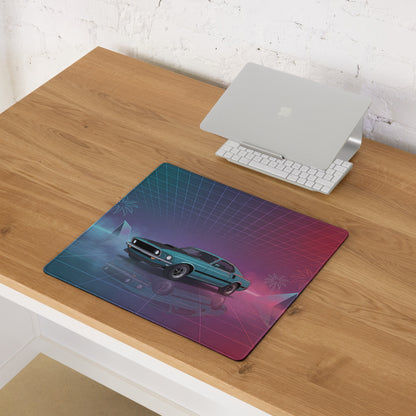 1971 Ford Mustang Mach 1 Inspired Teal Purple Vaporwave Gaming Mouse Pad, Classic Muscle Car Desk Mat with Neon Grid and Palm Tree Artwork