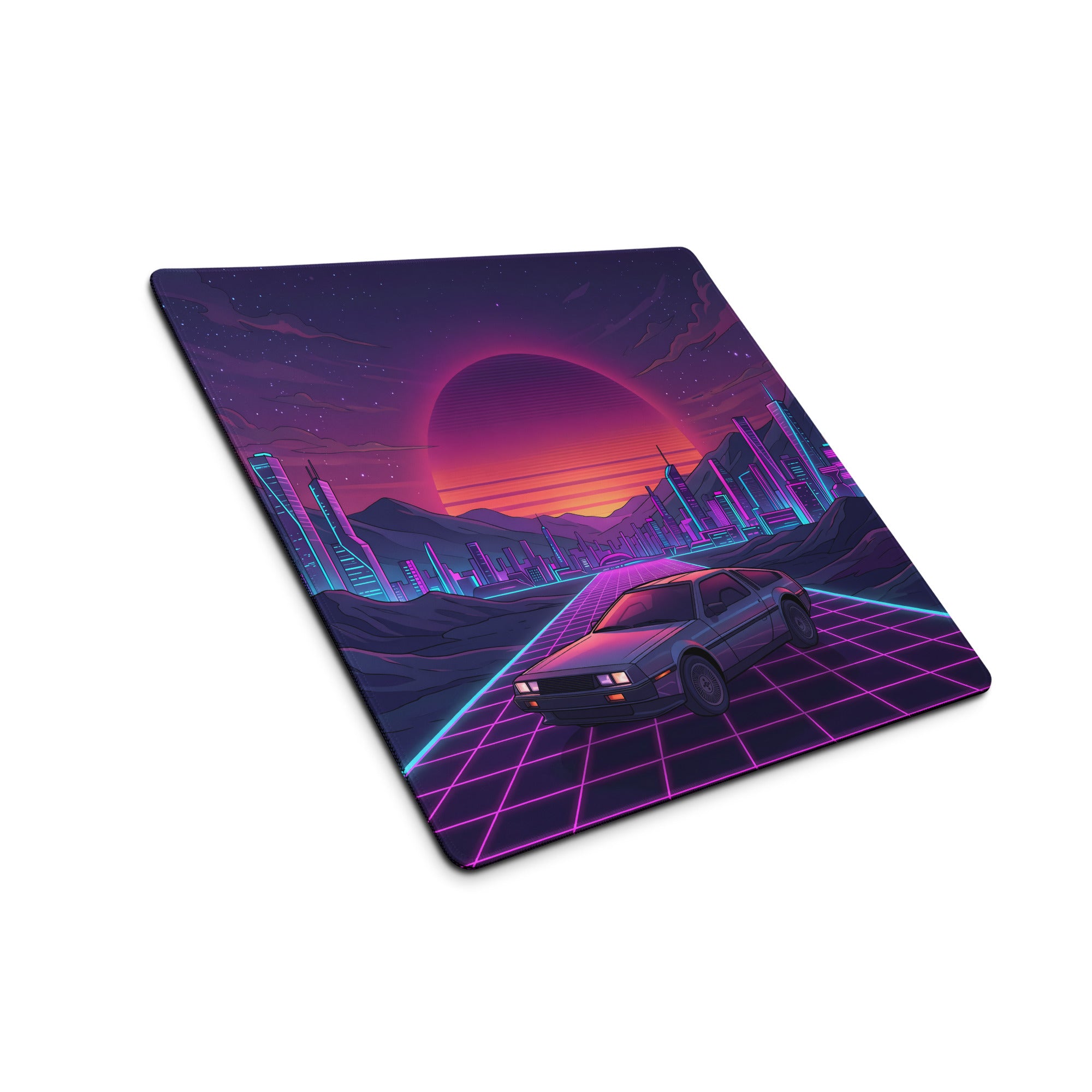 DeLorean DMC-12 Inspired Silver Purple Vaporwave Gaming Mouse Pad, Retro Futuristic Sports Car Desk Mat with Neon Grid City Sunset Artwork