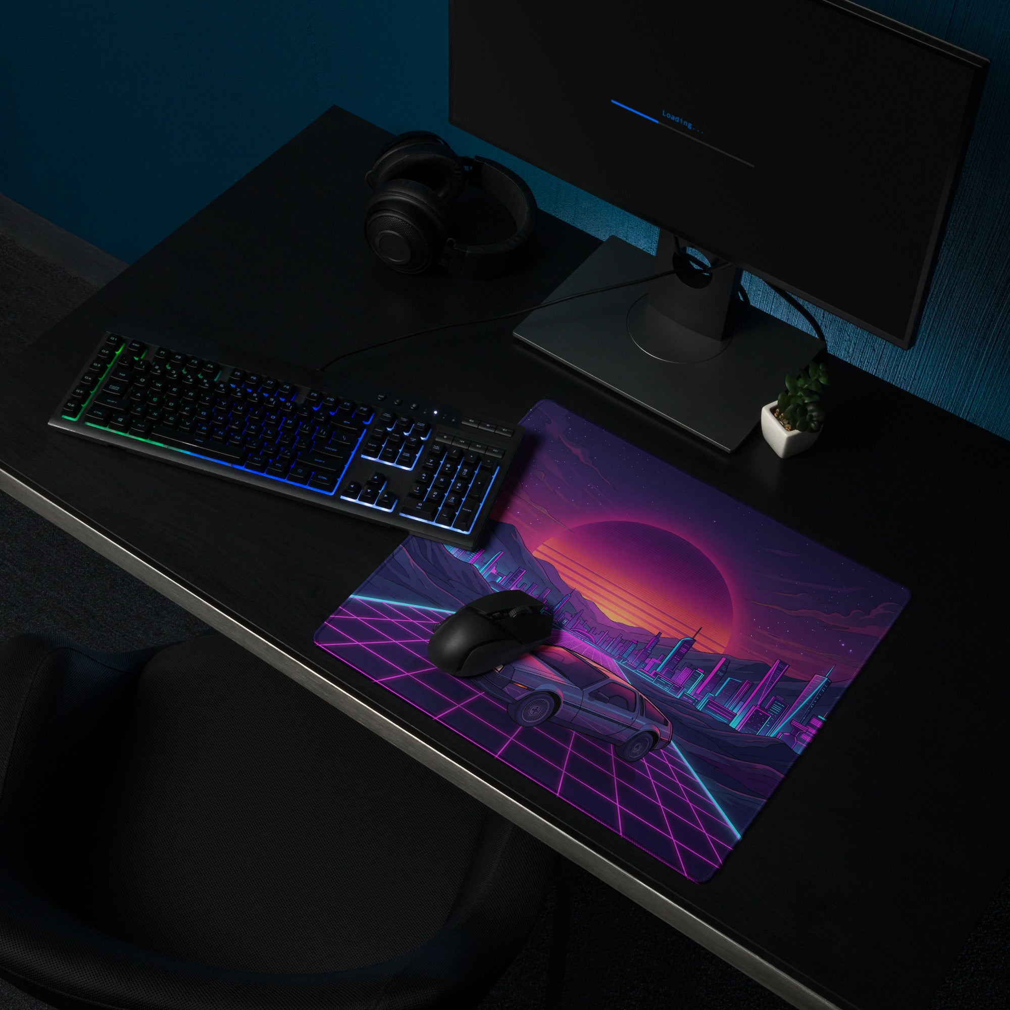DeLorean DMC-12 Inspired Silver Purple Vaporwave Gaming Mouse Pad, Retro Futuristic Sports Car Desk Mat with Neon Grid City Sunset Artwork