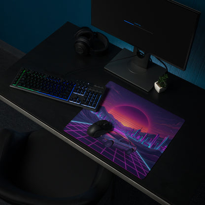 DeLorean DMC-12 Inspired Silver Purple Vaporwave Gaming Mouse Pad, Retro Futuristic Sports Car Desk Mat with Neon Grid City Sunset Artwork