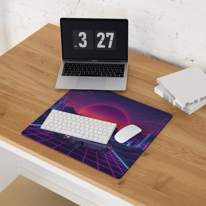 DeLorean DMC-12 Inspired Silver Purple Vaporwave Gaming Mouse Pad, Retro Futuristic Sports Car Desk Mat with Neon Grid City Sunset Artwork