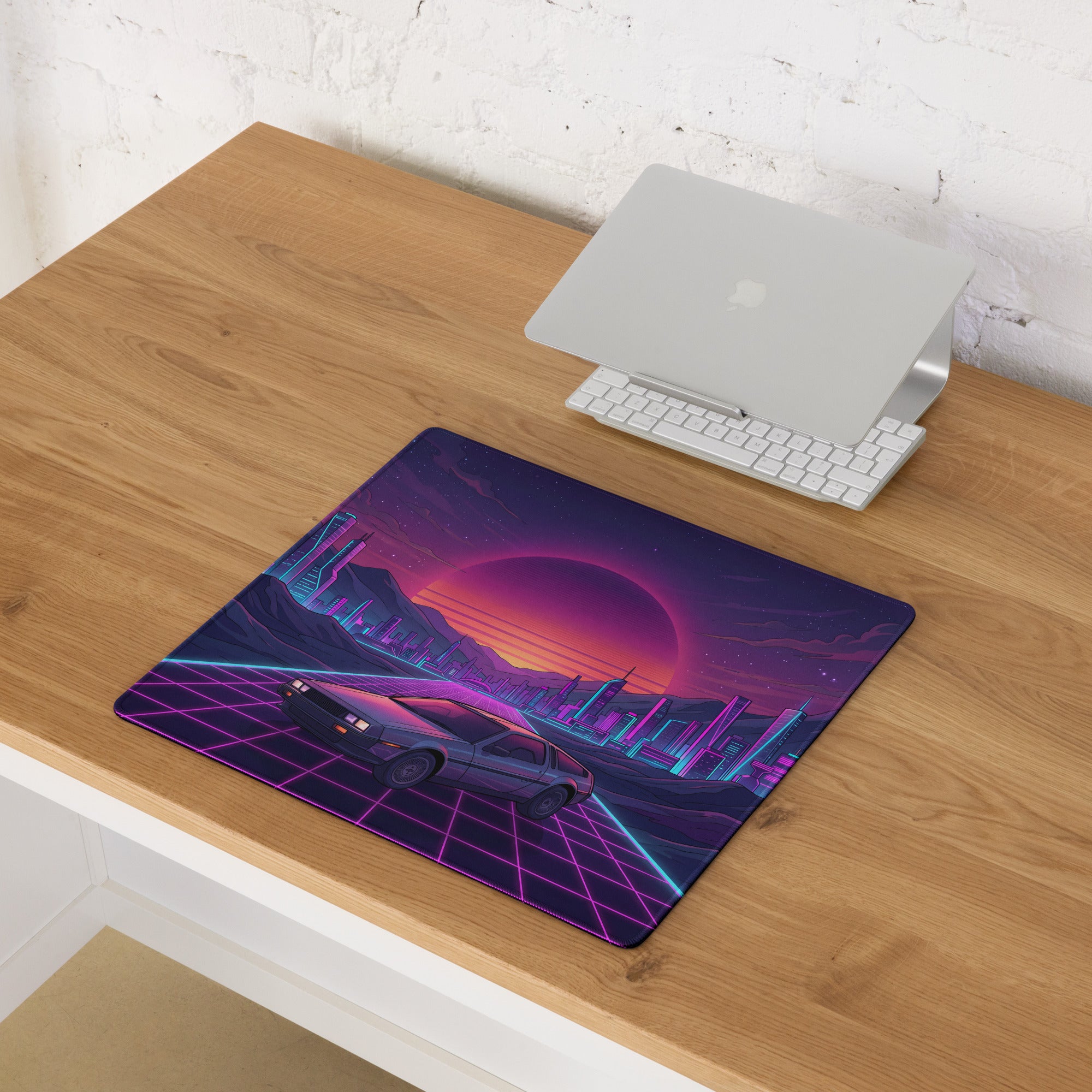 DeLorean DMC-12 Inspired Silver Purple Vaporwave Gaming Mouse Pad, Retro Futuristic Sports Car Desk Mat with Neon Grid City Sunset Artwork