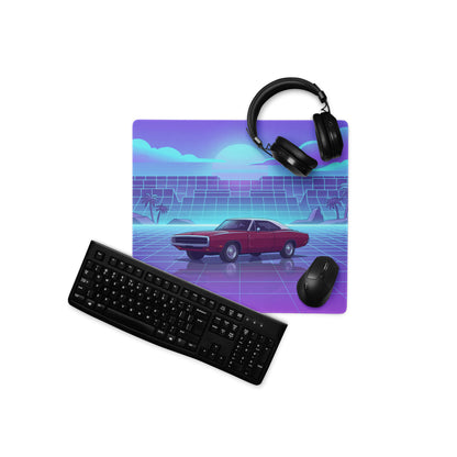 1969 Dodge Charger R/T Inspired Red Blue Vaporwave Gaming Mouse Pad, Classic Muscle Car Desk Mat with Neon Grid Sunset Artwork
