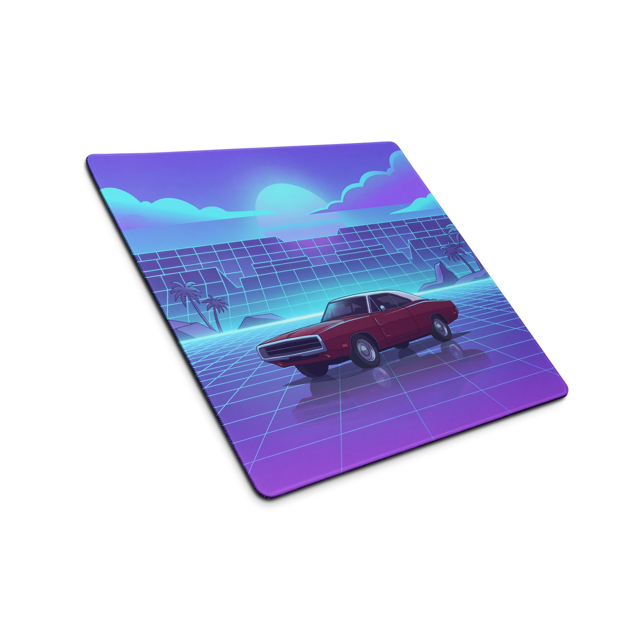 1969 Dodge Charger R/T Inspired Red Blue Vaporwave Gaming Mouse Pad, Classic Muscle Car Desk Mat with Neon Grid Sunset Artwork