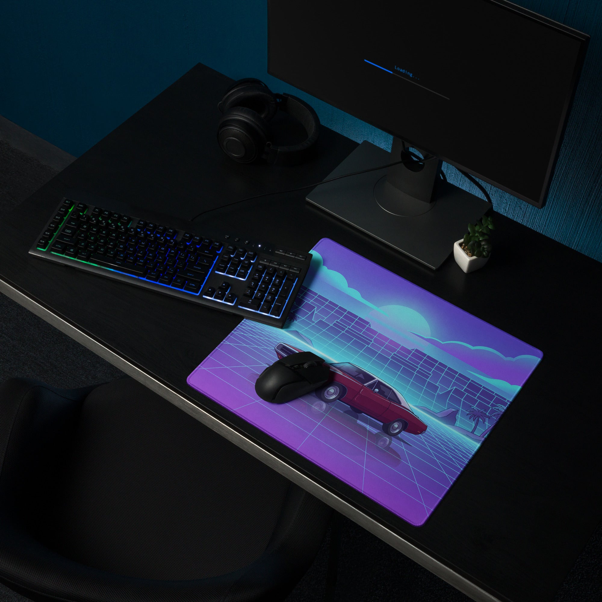 1969 Dodge Charger R/T Inspired Red Blue Vaporwave Gaming Mouse Pad, Classic Muscle Car Desk Mat with Neon Grid Sunset Artwork