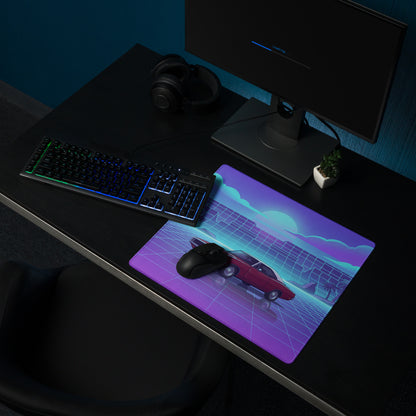 1969 Dodge Charger R/T Inspired Red Blue Vaporwave Gaming Mouse Pad, Classic Muscle Car Desk Mat with Neon Grid Sunset Artwork