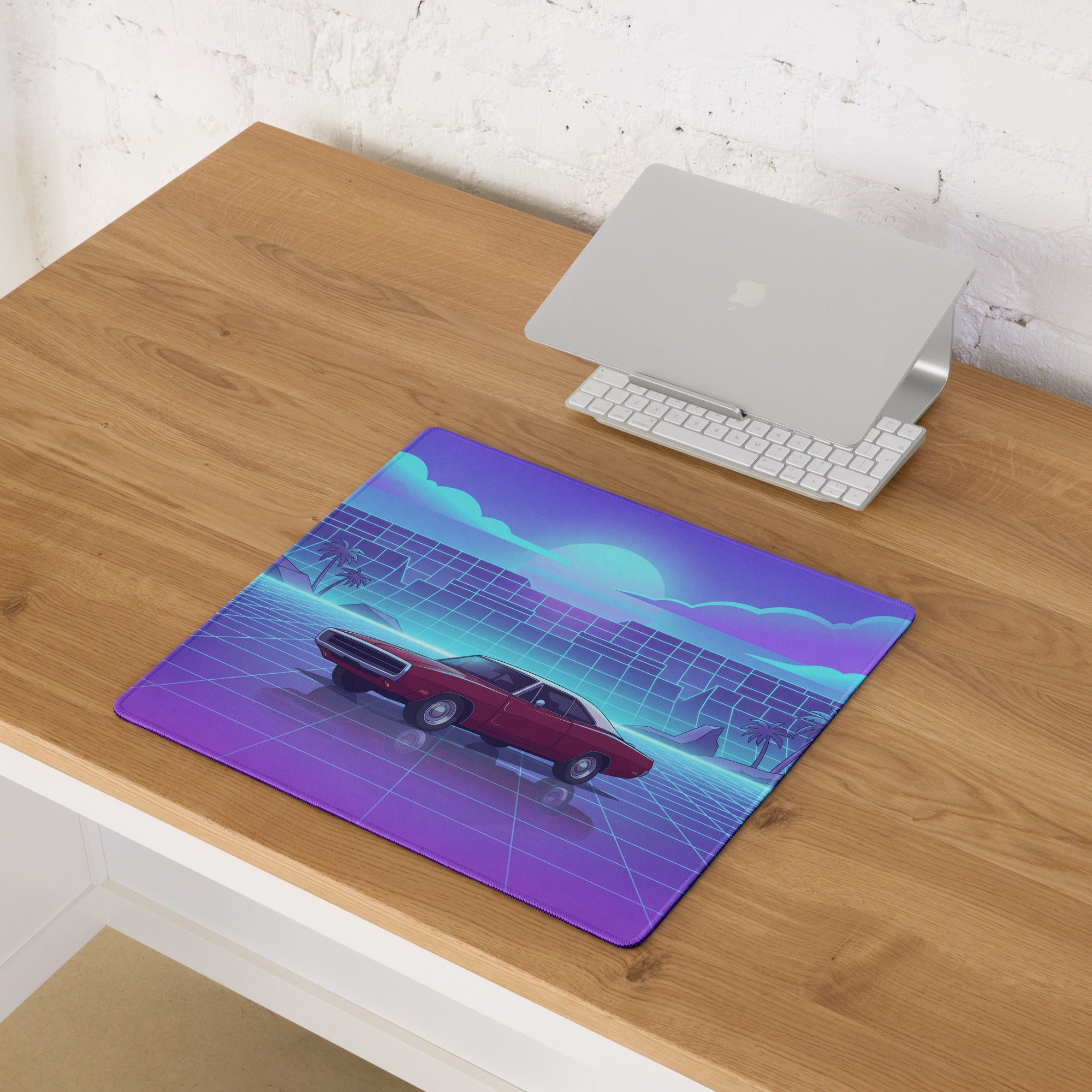 1969 Dodge Charger R/T Inspired Red Blue Vaporwave Gaming Mouse Pad, Classic Muscle Car Desk Mat with Neon Grid Sunset Artwork