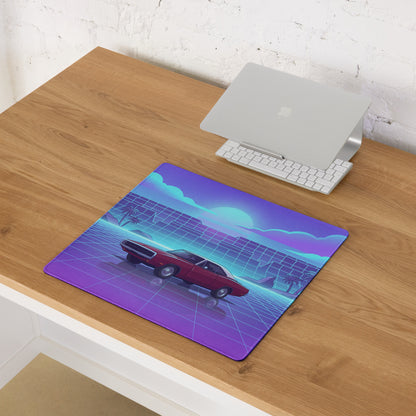 1969 Dodge Charger R/T Inspired Red Blue Vaporwave Gaming Mouse Pad, Classic Muscle Car Desk Mat with Neon Grid Sunset Artwork