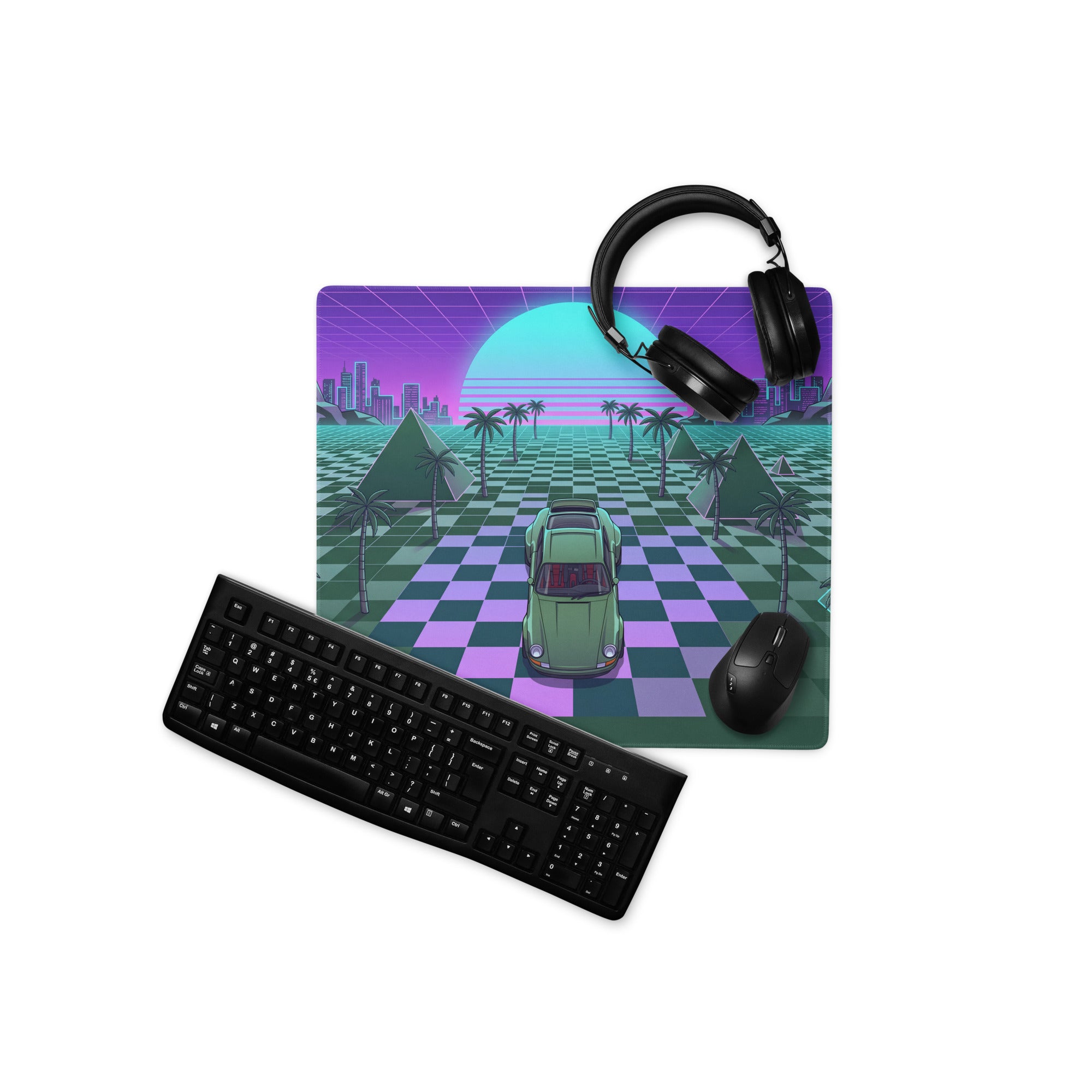 Porsche 911 Inspired Green Purple Vaporwave Gaming Mouse Pad, Classic Sports Car Desk Mat with Checkerboard Grid, Palm Trees and Neon Sunset Artwork