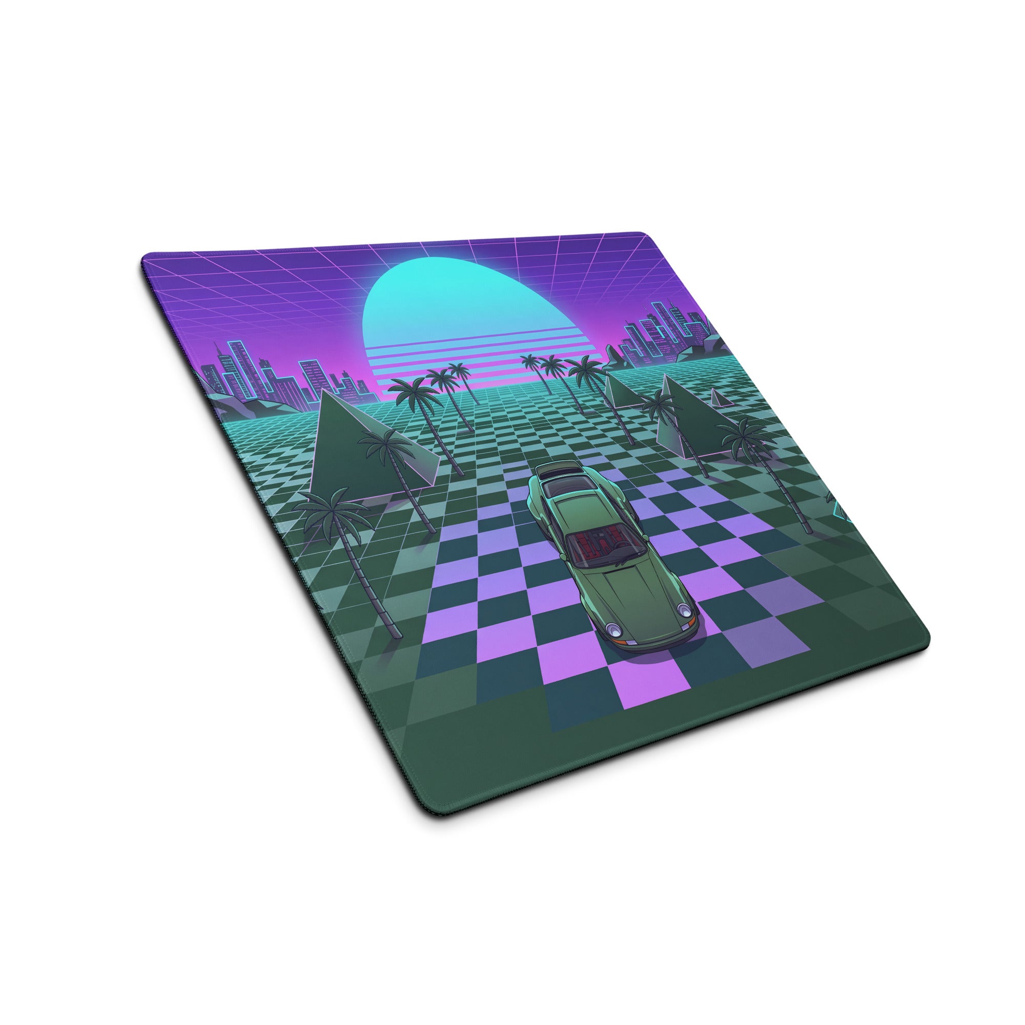 Porsche 911 Inspired Green Purple Vaporwave Gaming Mouse Pad, Classic Sports Car Desk Mat with Checkerboard Grid, Palm Trees and Neon Sunset Artwork