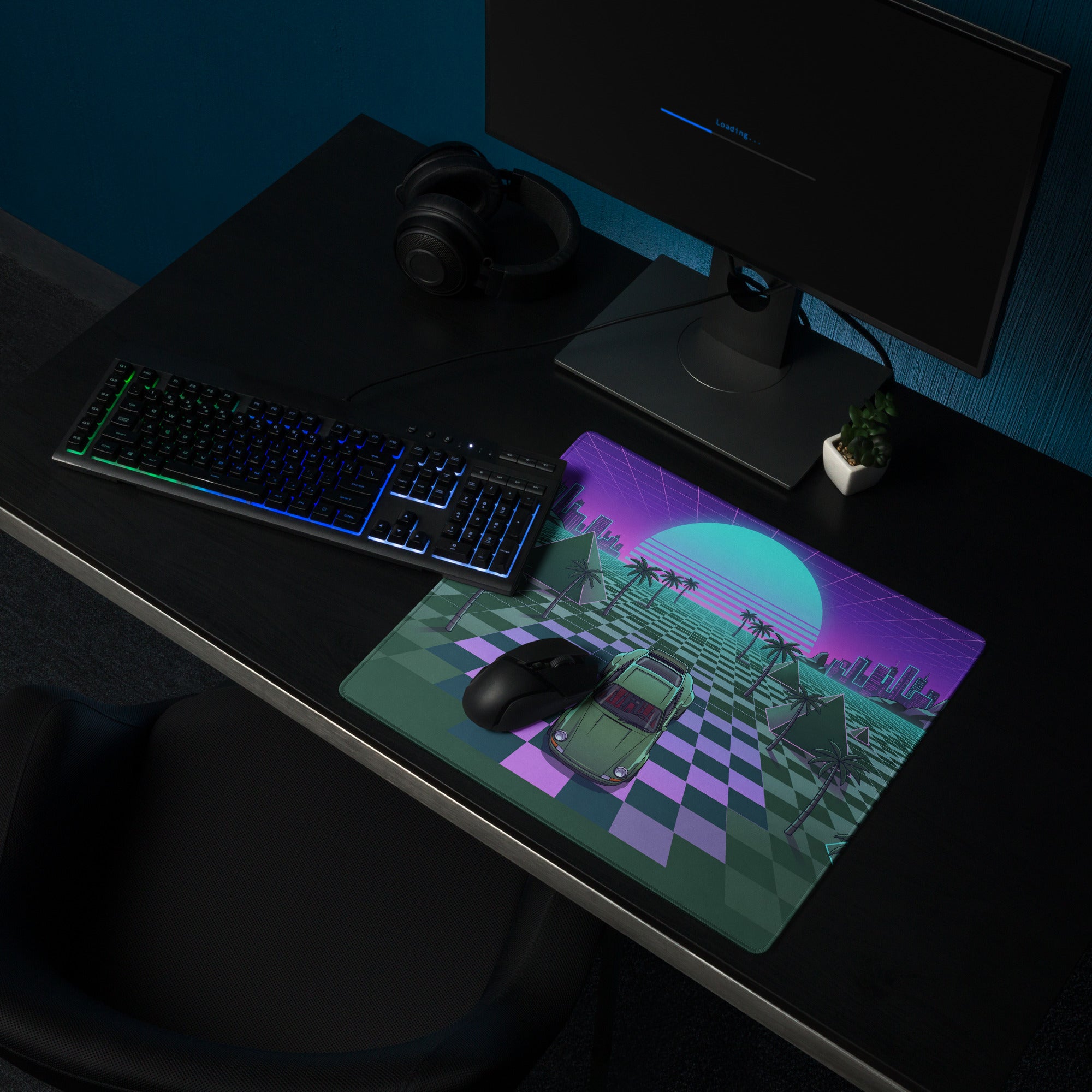 Porsche 911 Inspired Green Purple Vaporwave Gaming Mouse Pad, Classic Sports Car Desk Mat with Checkerboard Grid, Palm Trees and Neon Sunset Artwork