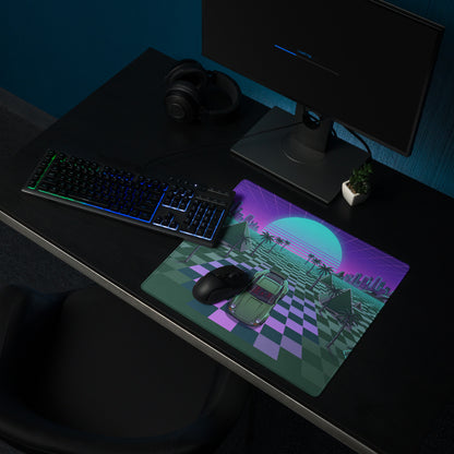 Porsche 911 Inspired Green Purple Vaporwave Gaming Mouse Pad, Classic Sports Car Desk Mat with Checkerboard Grid, Palm Trees and Neon Sunset Artwork