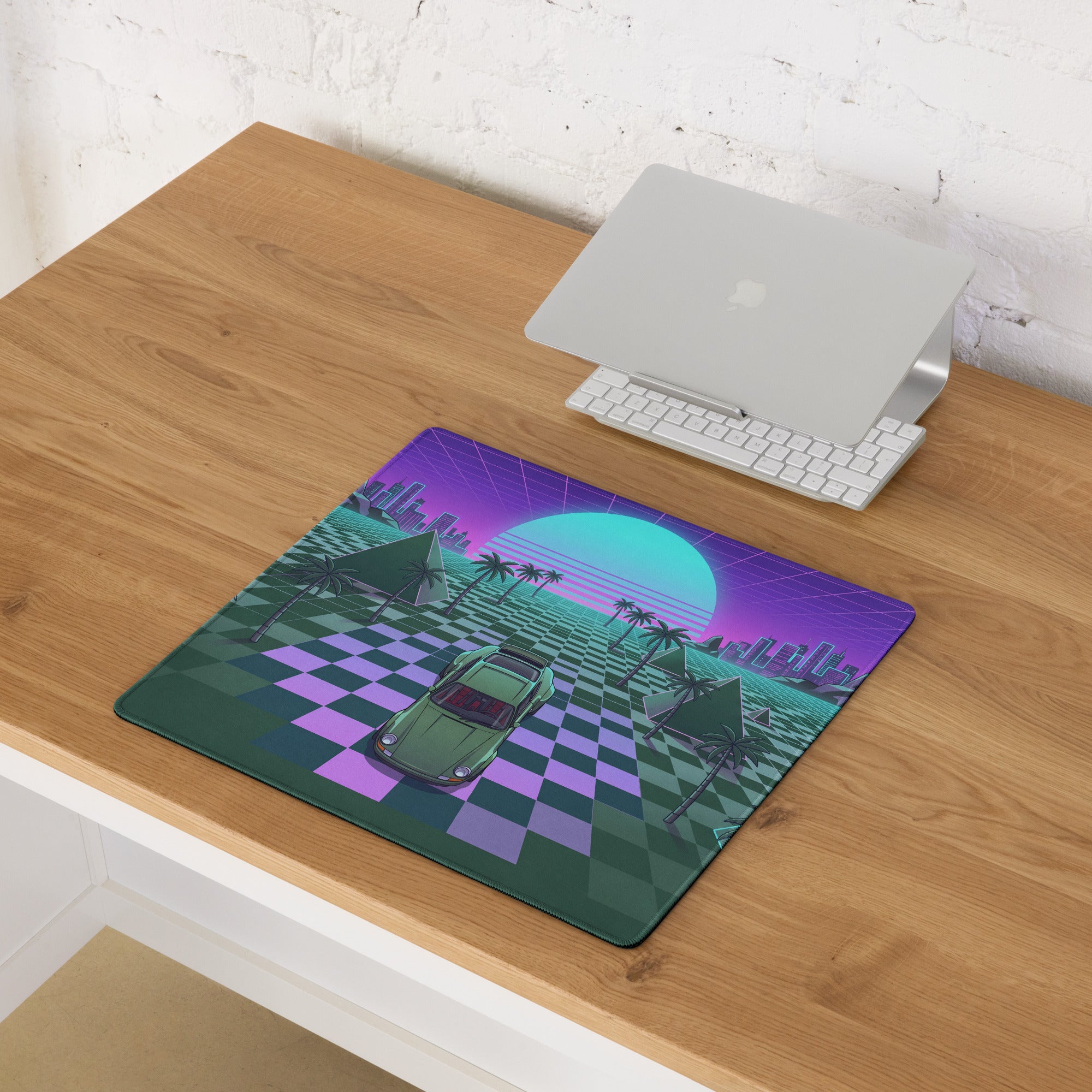 Porsche 911 Inspired Green Purple Vaporwave Gaming Mouse Pad, Classic Sports Car Desk Mat with Checkerboard Grid, Palm Trees and Neon Sunset Artwork