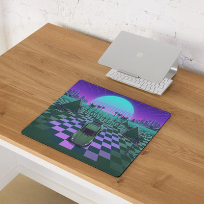 Porsche 911 Inspired Green Purple Vaporwave Gaming Mouse Pad, Classic Sports Car Desk Mat with Checkerboard Grid, Palm Trees and Neon Sunset Artwork