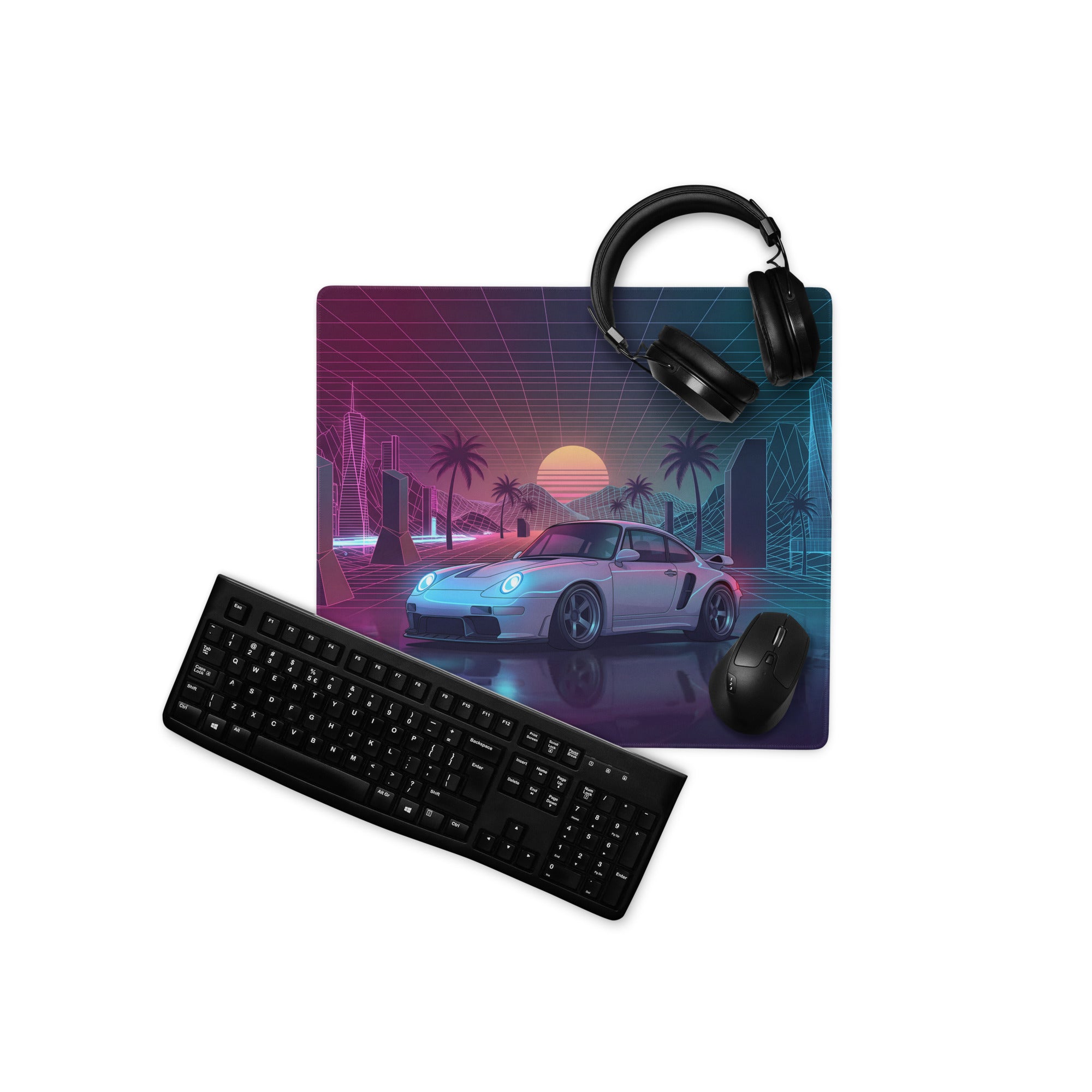 Porsche 911 GT2 993 Inspired Silver Pink Vaporwave Gaming Mouse Pad, Widebody Sports Car Desk Mat with Neon Grid Sunset and Palm Tree Artwork