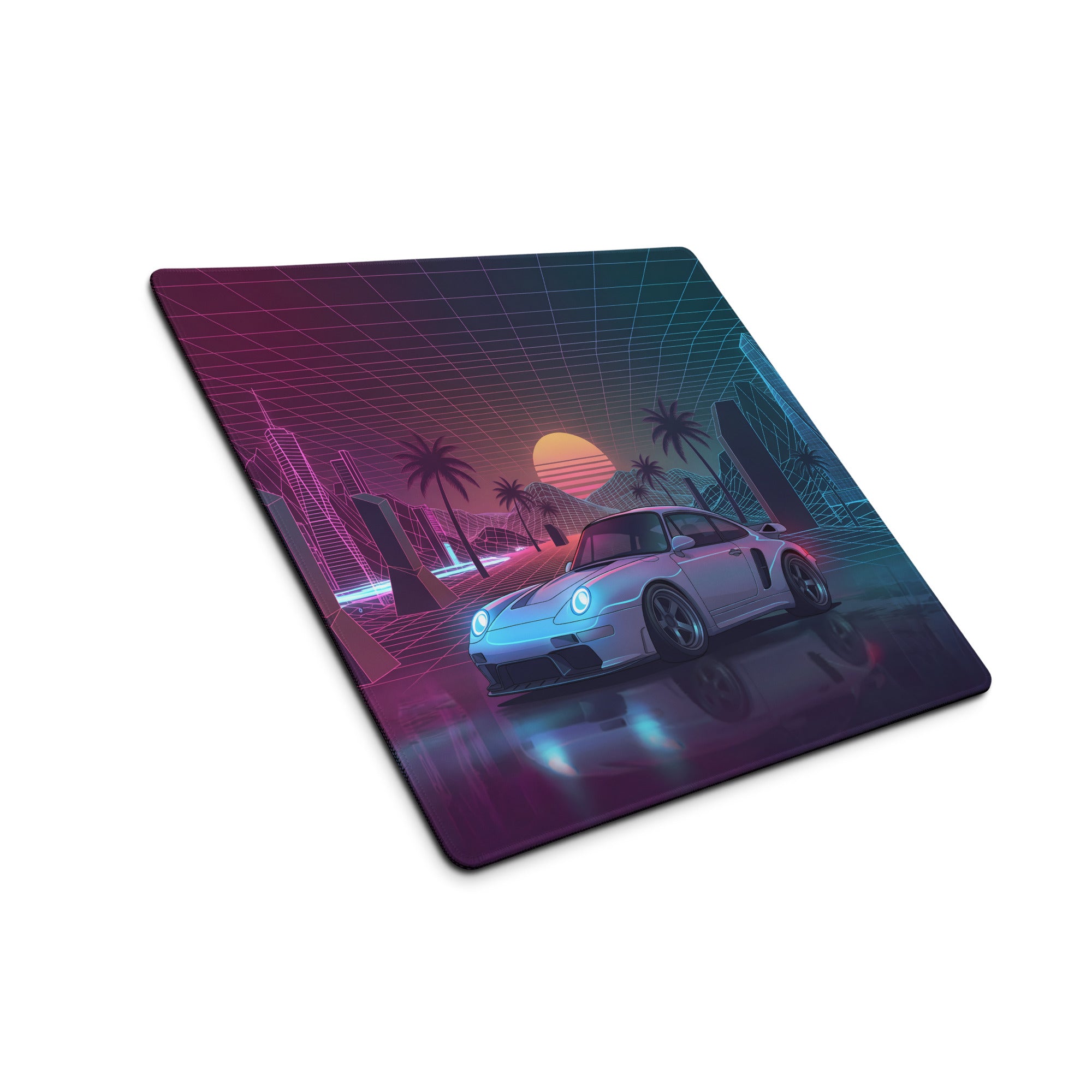Porsche 911 GT2 993 Inspired Silver Pink Vaporwave Gaming Mouse Pad, Widebody Sports Car Desk Mat with Neon Grid Sunset and Palm Tree Artwork