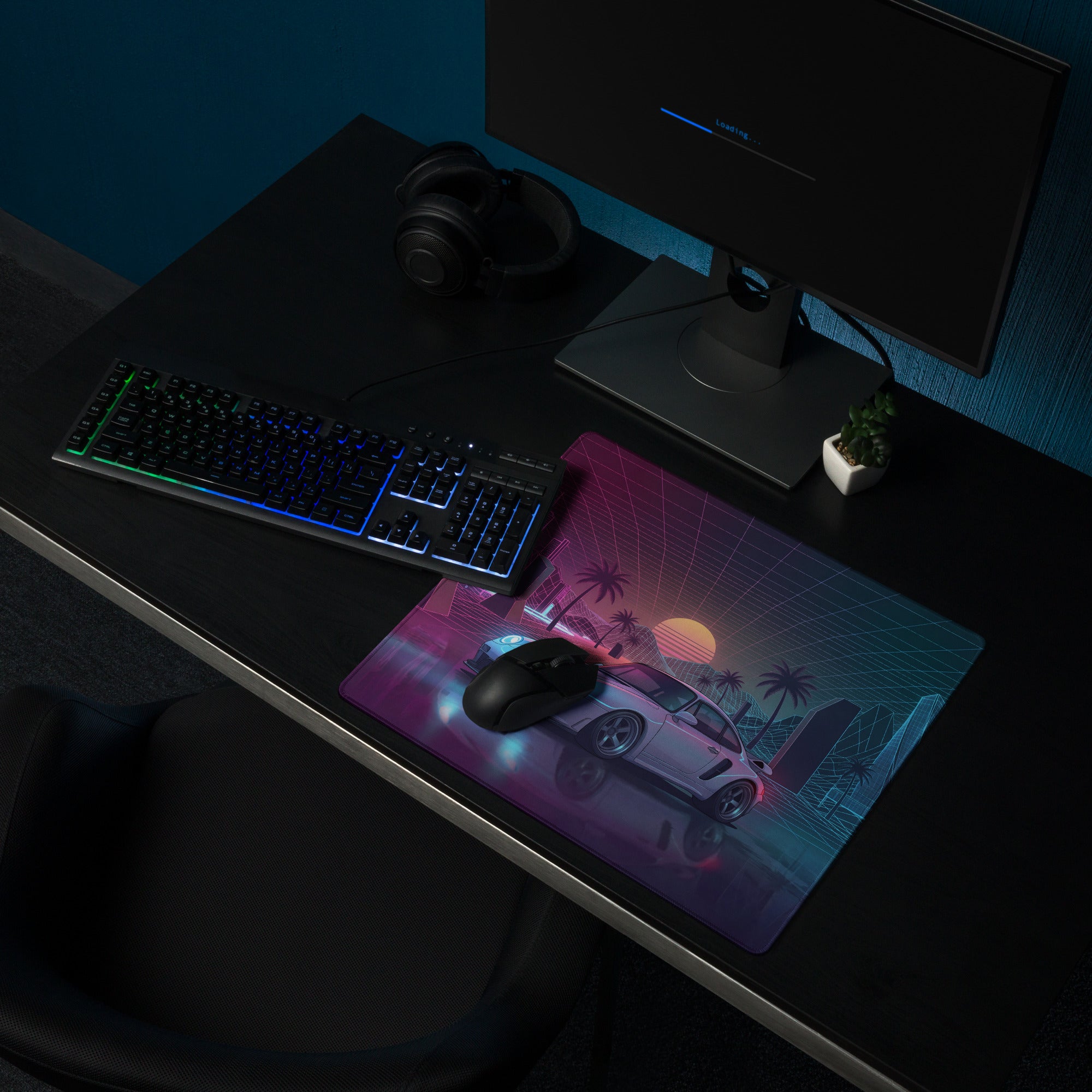Porsche 911 GT2 993 Inspired Silver Pink Vaporwave Gaming Mouse Pad, Widebody Sports Car Desk Mat with Neon Grid Sunset and Palm Tree Artwork