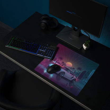 Porsche 911 GT2 993 Inspired Silver Pink Vaporwave Gaming Mouse Pad, Widebody Sports Car Desk Mat with Neon Grid Sunset and Palm Tree Artwork
