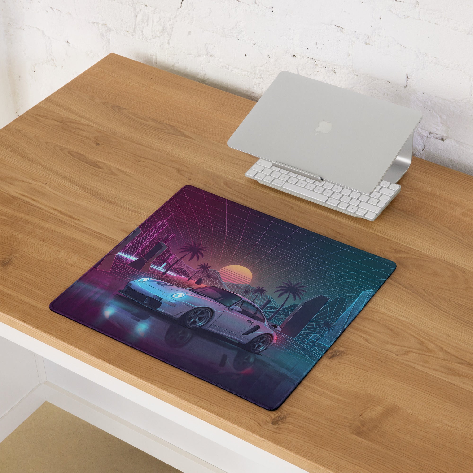 Porsche 911 GT2 993 Inspired Silver Pink Vaporwave Gaming Mouse Pad, Widebody Sports Car Desk Mat with Neon Grid Sunset and Palm Tree Artwork